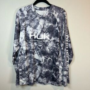 Huk Vented Mossy Oak Fracture Performance Fishing Shirt Gray Camo UPF 50+ Medium